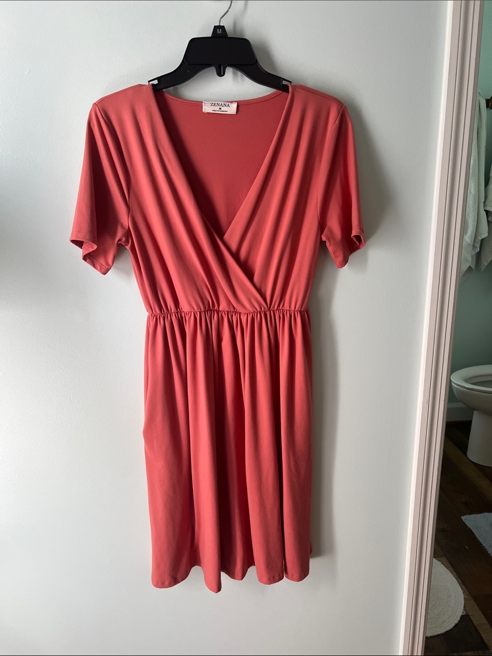 Zenana Outfitters Coral Wrap-Front Elastic Waist Short Dress